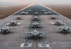 14 Royal Dutch Air Force F-16s stand in elephant formation on the runway of Volkel Air Base. Credit Netherlands Ministry of Defence