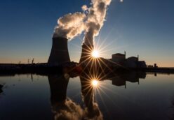 Nuclear power plant cooling towers seen in the background of a river