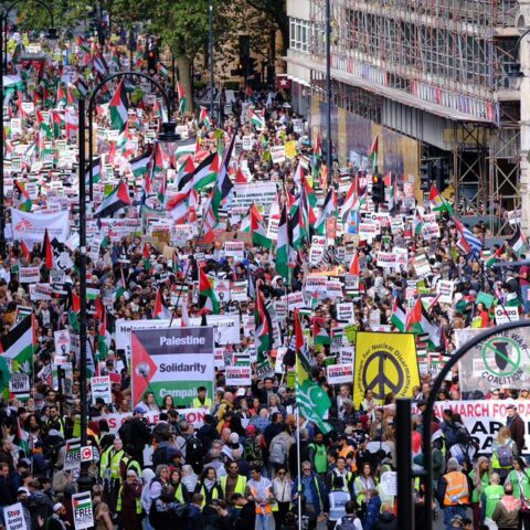 CND banner among crowd at Gaza demonstration, 5 October 2024