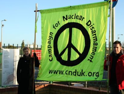 CND banner outside AWE Aldermaston, October 2008