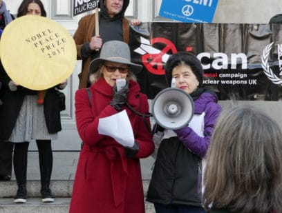 Victoria Brittain outside Ministry of Defence