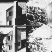 Images showing the impact of an atomic test on a house.