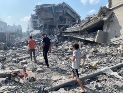 Palestinians inspect the damage following an Israeli airstrike on the El-Remal aera in Gaza City on October 9, 2023. Credit: Palestinian News & Information Agency (Wafa)