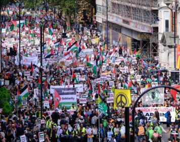 CND banner among crowd at Gaza demonstration, 5 October 2024
